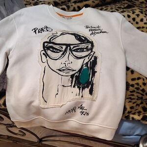 Zara White Sweater with Black and Teal Graphic
